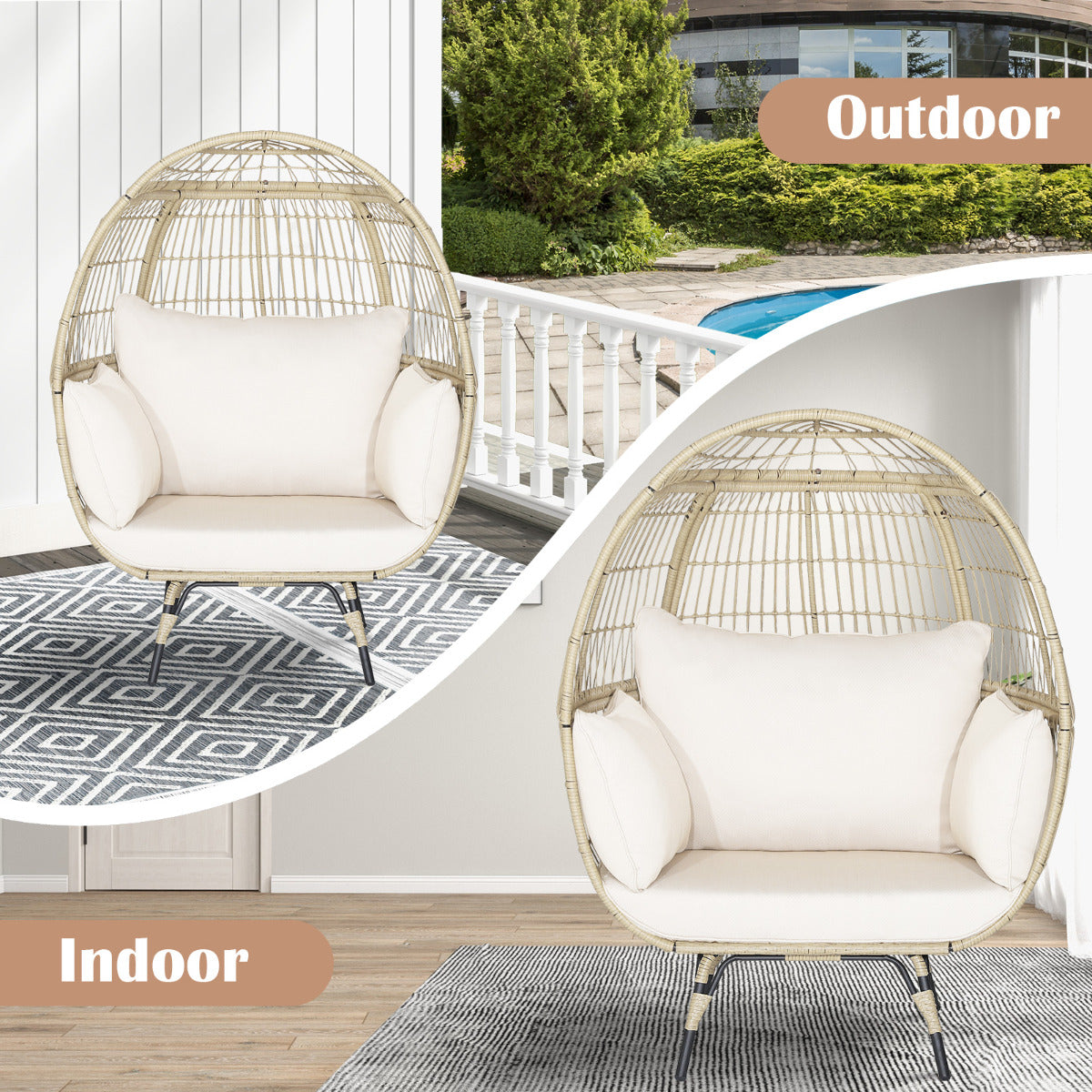 LIVSK Loungestoel - Ruime Zitervaring - 12 cm Dikke Kussens - Stevig Metaal en PE-Wicker - Lichtbruin en Gebroken Wit