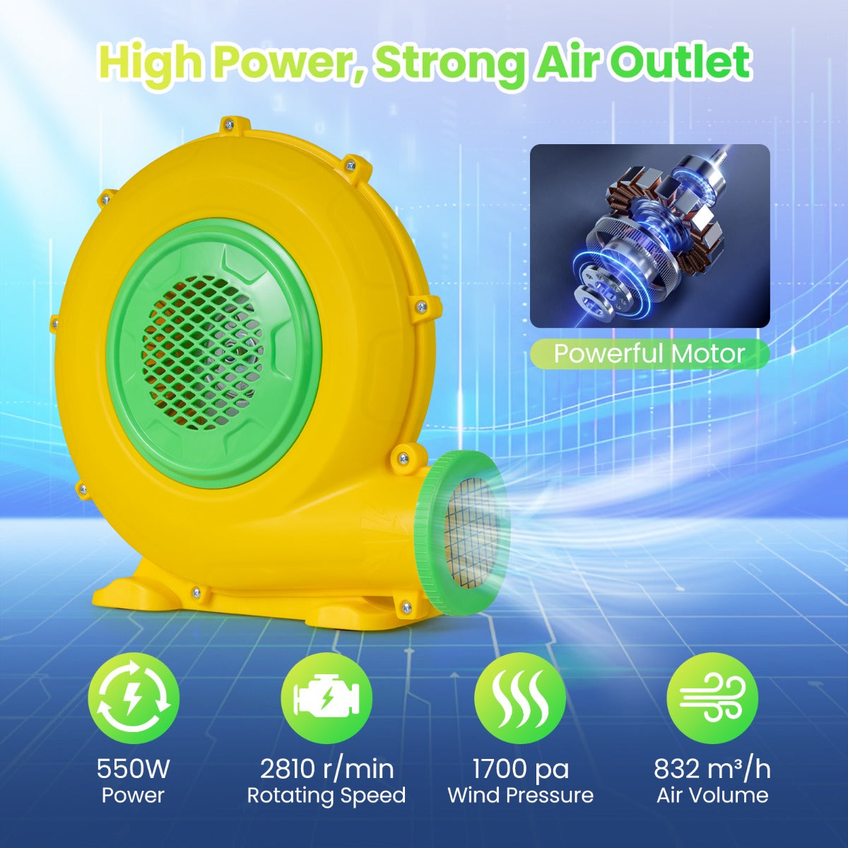 LIVSK Luchtblazer - 550 W Motor - Vlamvertragend PP-Materiaal - Grondankers en Antislipvoeten - Compact en Lichtgewicht - Geel