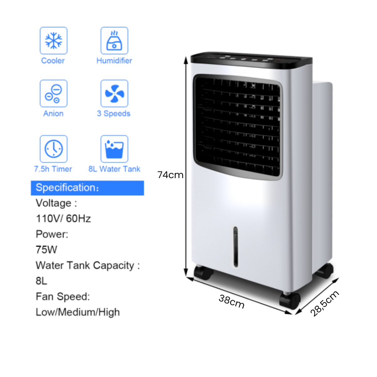LIVSK Luchtkoeler - 8L Watertank - 3 Windsnelheden - Afstandsbediening - Energiezuinig - Zwart + Wit