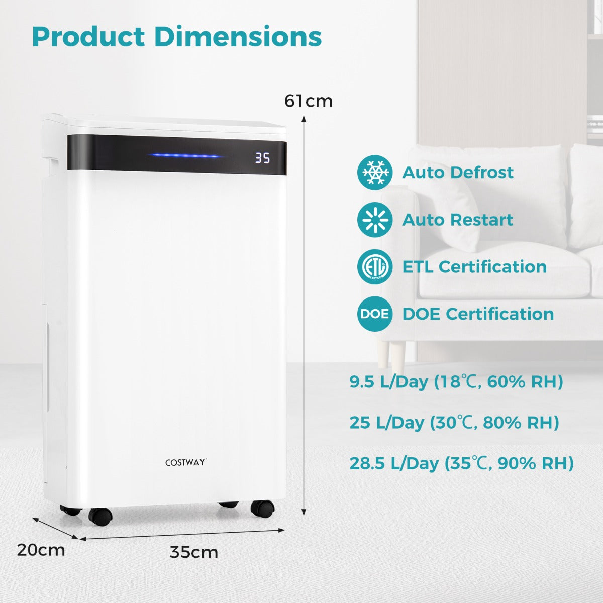 LIVSK Luchtontvochtiger - Tot 28,5L/dag - 4 Ontvochtigingsstanden - Intuïtief Touchscreen - Voor Ruimtes tot 35 m² - Wit