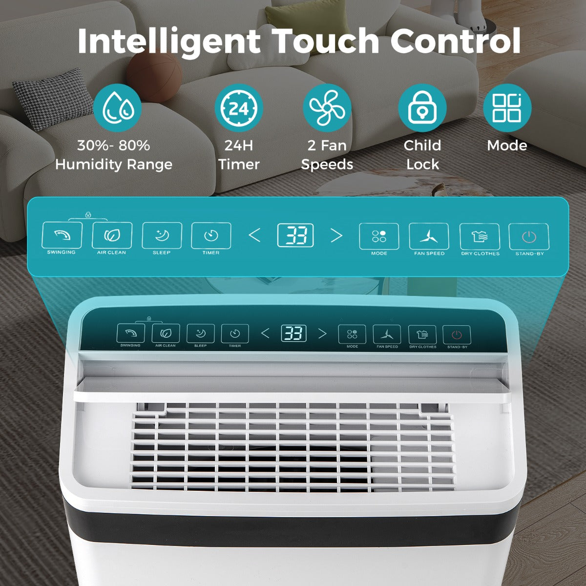 LIVSK Luchtontvochtiger - Tot 28,5L/dag - 4 Ontvochtigingsstanden - Intuïtief Touchscreen - Voor Ruimtes tot 35 m² - Wit