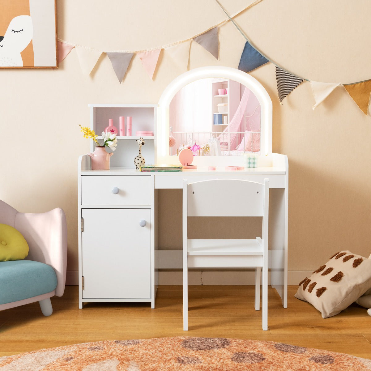 LIVSK Make-uptafel Set voor Kinderen - Verlichte Acrylspiegel - 3-in-1 Ontwerp - Opbergplank en Lade - Wit