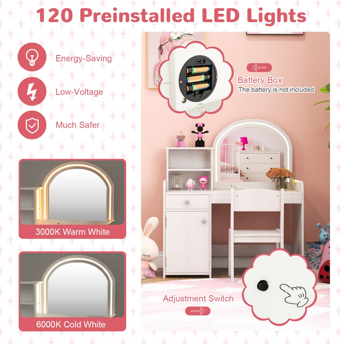 LIVSK Make-uptafel Set voor Kinderen - Verlichte Acrylspiegel - 3-in-1 Ontwerp - Opbergplank en Lade - Wit