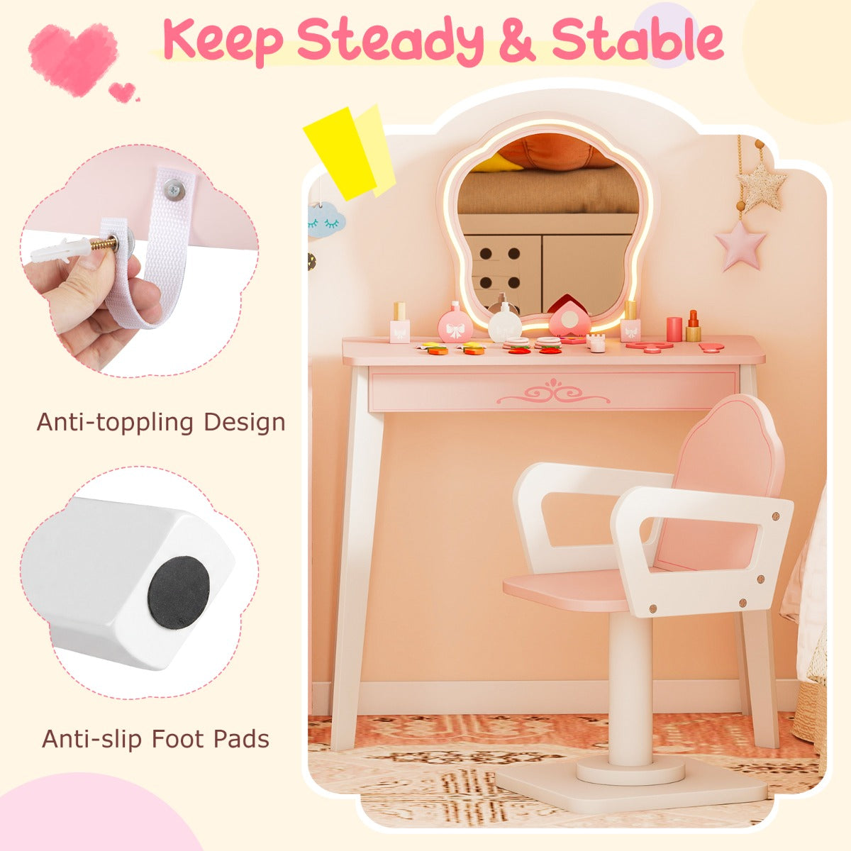 LIVSK Make-uptafelset voor Kinderen - Instelbare Verlichting - Verrijdbare Salonwagen - Draaistoel - Roze + Wit