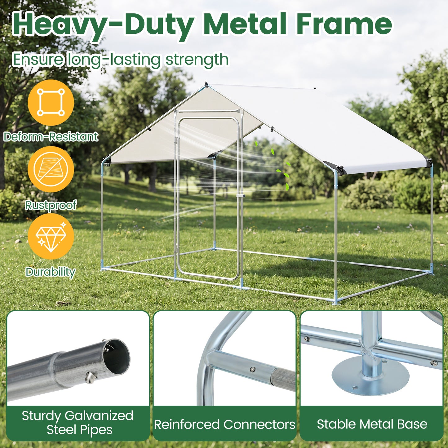 LIVSK Metalen Kippenhok - Robuust & Duurzaam - Veilig Draadgaas - Weerbestendig PE-Dak - 300x203x202 cm - Zilver