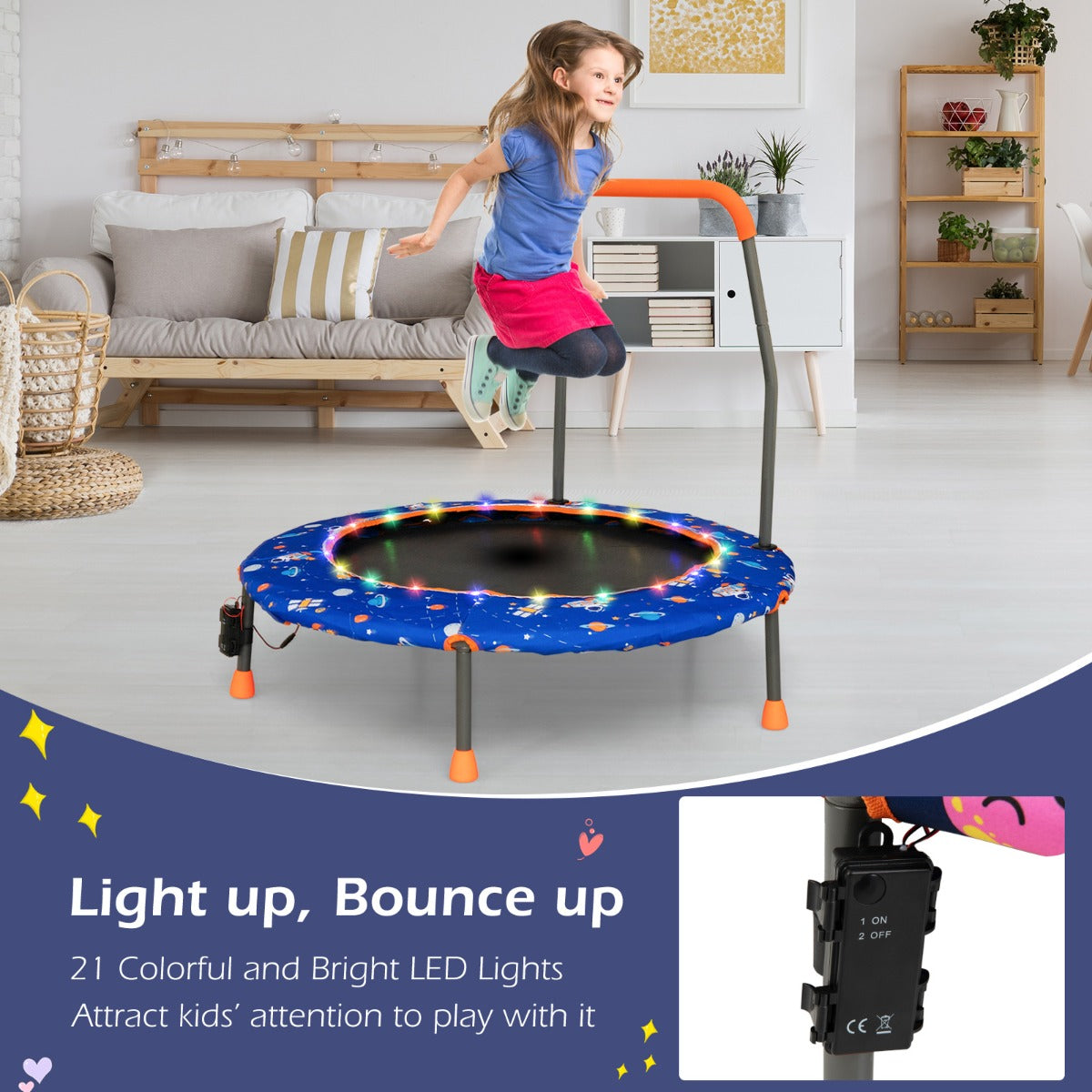 LIVSK Minitrampoline voor Peuters - Veiligheidshandgreep - 21 LED-lampjes - Antislip - Tot 25 kg - Donkerblauw
