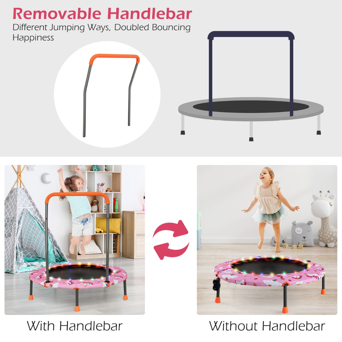 LIVSK Minitrampoline voor Peuters - Veiligheidshandgreep - 21 LED-lampjes - Antislip - Voor Kinderen 3-6 Jaar - Roze
