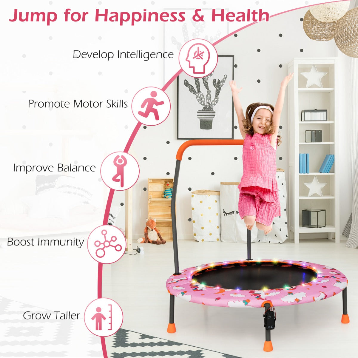 LIVSK Minitrampoline voor Peuters - Veiligheidshandgreep - 21 LED-lampjes - Antislip - Voor Kinderen 3-6 Jaar - Roze