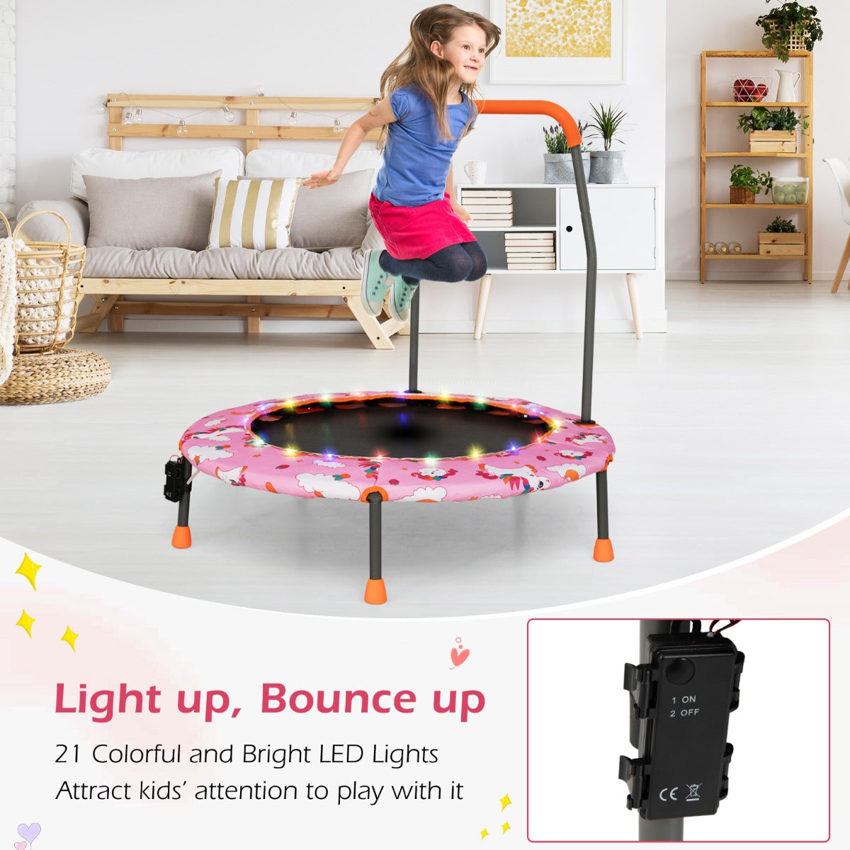 LIVSK Minitrampoline voor Peuters - Veiligheidshandgreep - 21 LED-lampjes - Antislip - Voor Kinderen 3-6 Jaar - Roze