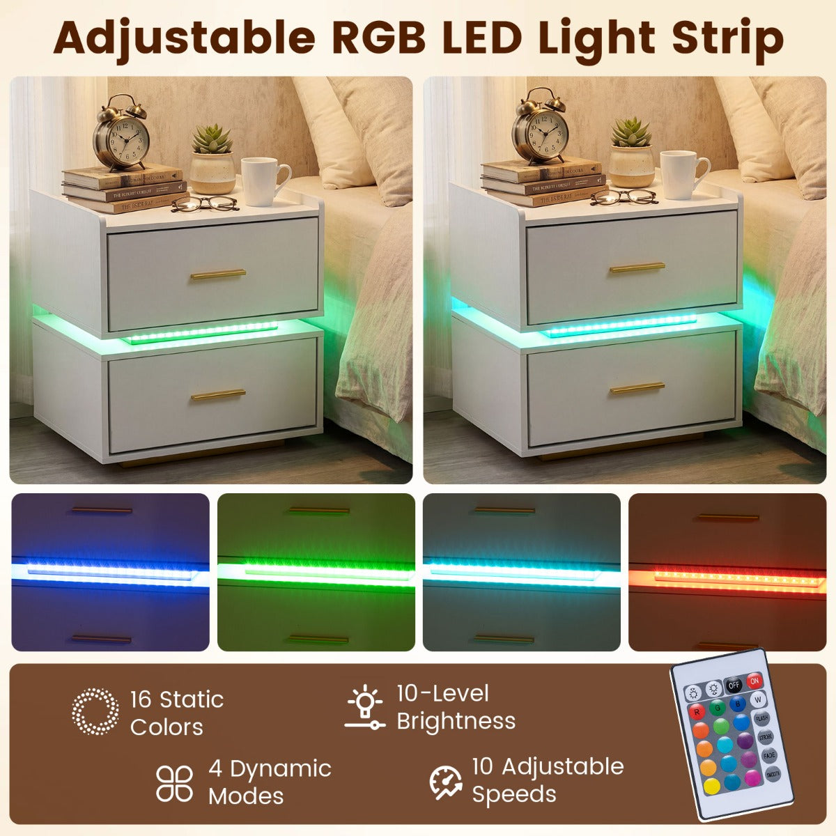 LIVSK Modern Nachtkastje met Oplaadstation - 16 Kleuren LED Verlichting - 2 Lades - Veilig Ontwerp - Zwart/Wit