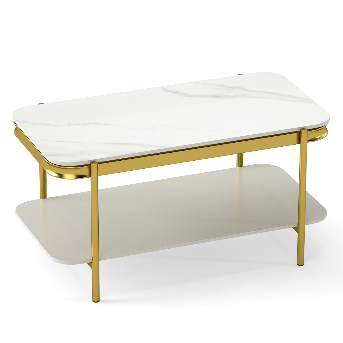 LIVSK Moderne Salontafel - Sintersteen Tafelblad - Opbergruimte in Twee Niveaus - Robuust Metalen Frame - Wit + Goud/Grijs + Zwart