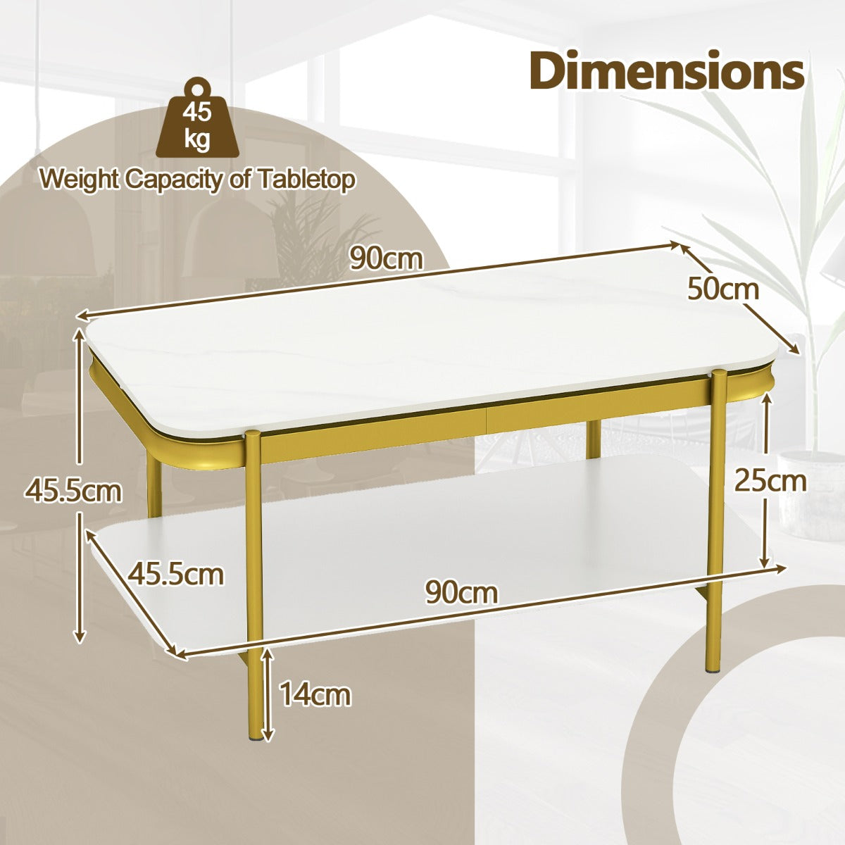 LIVSK Moderne Salontafel - Sintersteen Tafelblad - Opbergruimte in Twee Niveaus - Robuust Metalen Frame - Wit + Goud/Grijs + Zwart