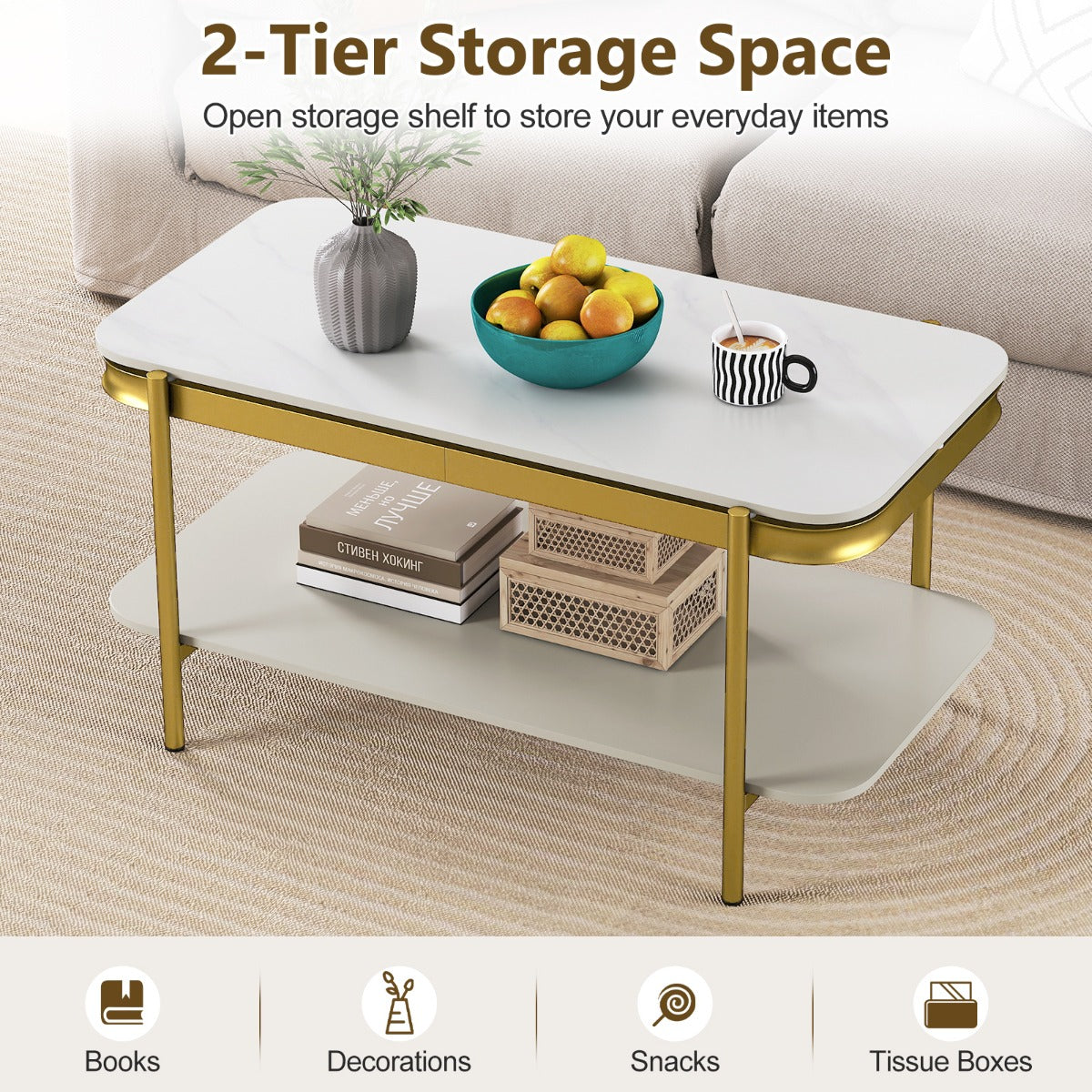 LIVSK Moderne Salontafel - Sintersteen Tafelblad - Opbergruimte in Twee Niveaus - Robuust Metalen Frame - Wit + Goud/Grijs + Zwart