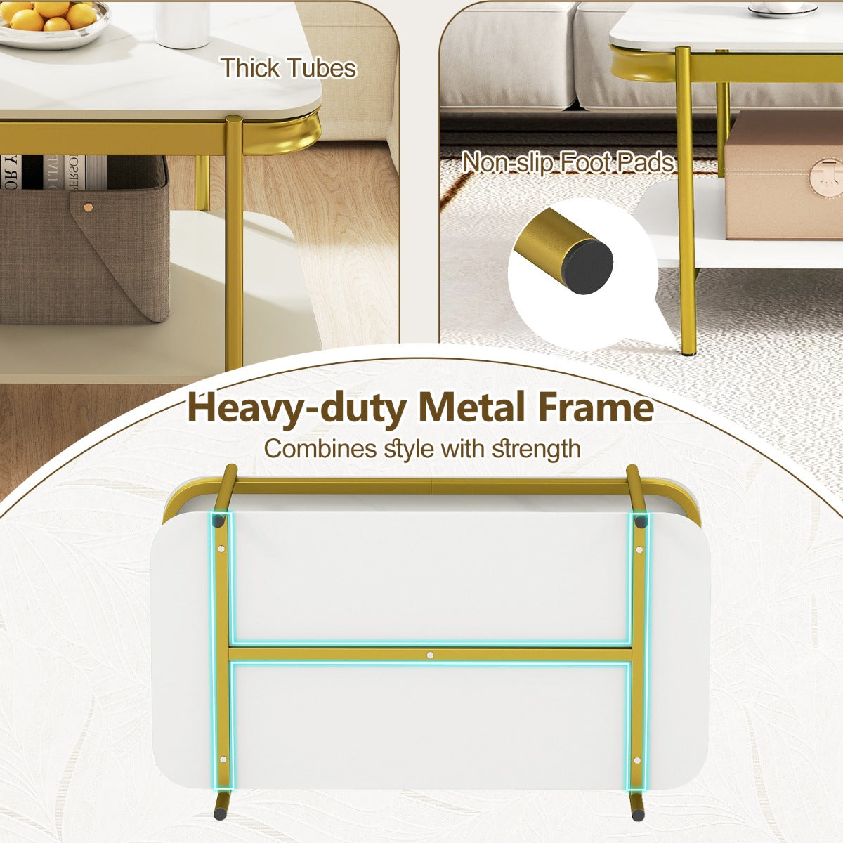 LIVSK Moderne Salontafel - Sintersteen Tafelblad - Opbergruimte in Twee Niveaus - Robuust Metalen Frame - Wit + Goud/Grijs + Zwart