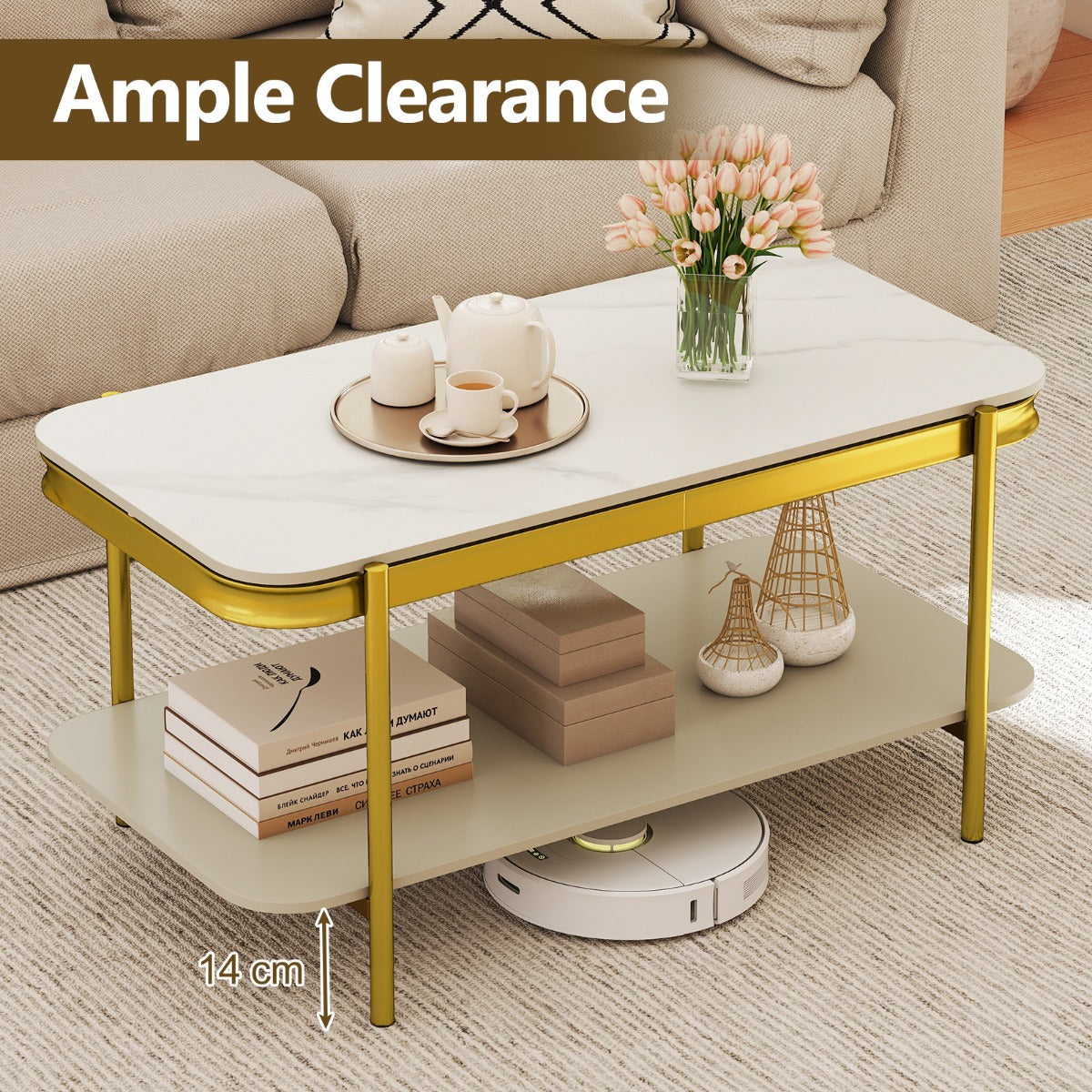 LIVSK Moderne Salontafel - Sintersteen Tafelblad - Opbergruimte in Twee Niveaus - Robuust Metalen Frame - Wit + Goud/Grijs + Zwart