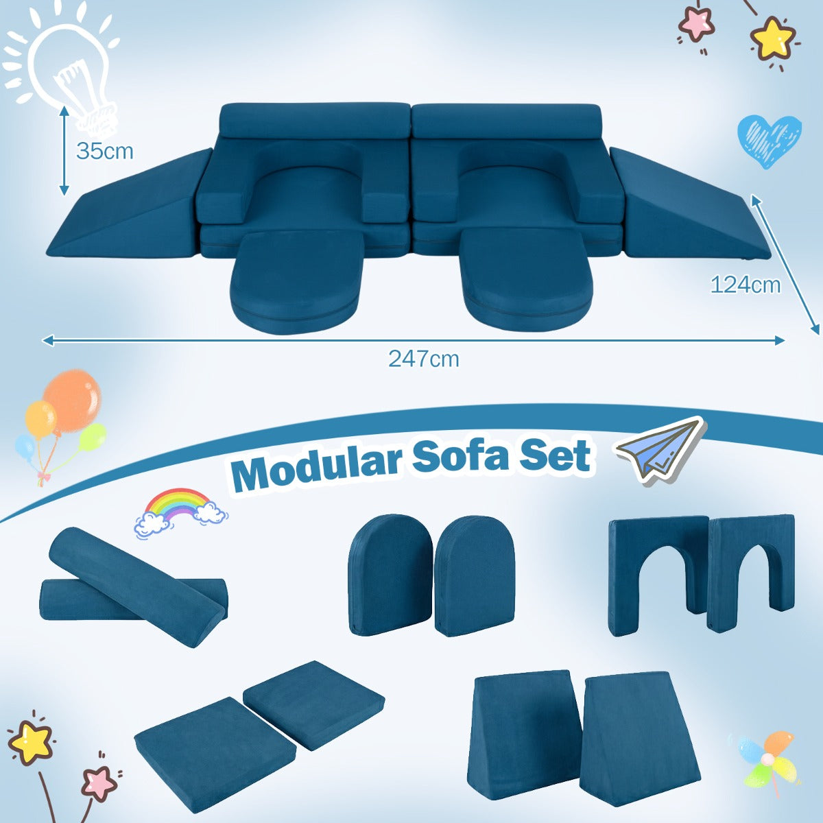 LIVSK Modulaire Kinderspeelbank - 10 Blokken - Zachte Suède Bekleding - Wasbare Hoezen - Veilig en Creatief Spelen -