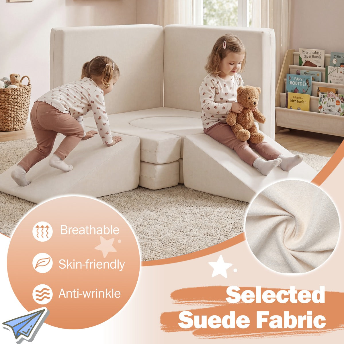 LIVSK Modulaire Kinderspeelbank - 10 Blokken - Zachte Suède Bekleding - Wasbare Hoezen - Veilig en Creatief Spelen -