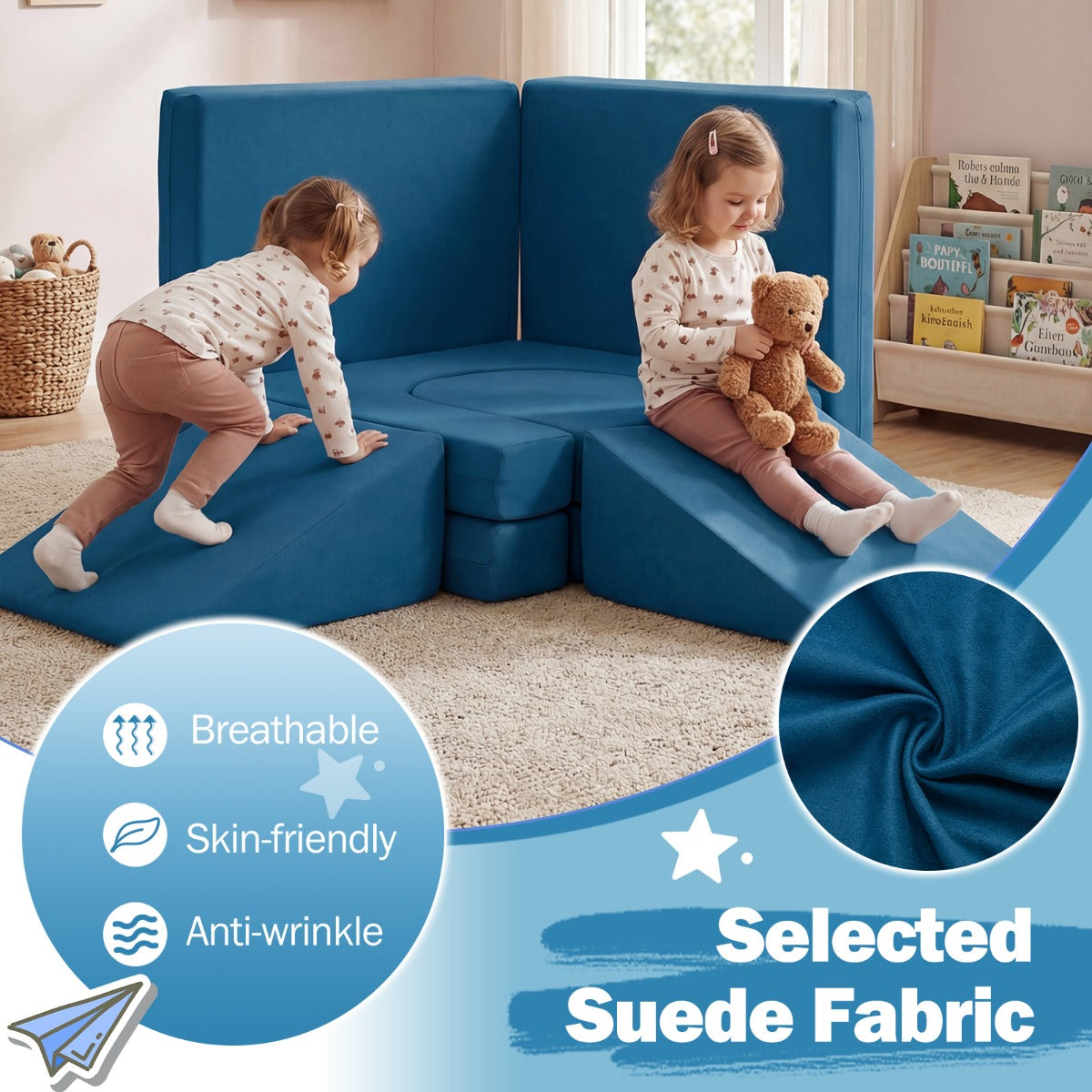 LIVSK Modulaire Kinderspeelbank - 10 Blokken - Zachte Suède Bekleding - Wasbare Hoezen - Veilig en Creatief Spelen -