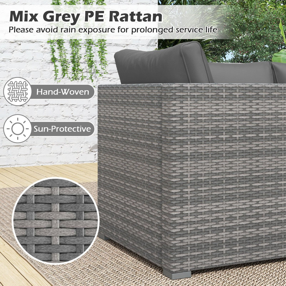 LIVSK Modulaire Terrasbankstel - Handgeweven PE-Rotan - Zachte Schuimkussens - Flexibele Configuratie - Gemêleerd Grijs