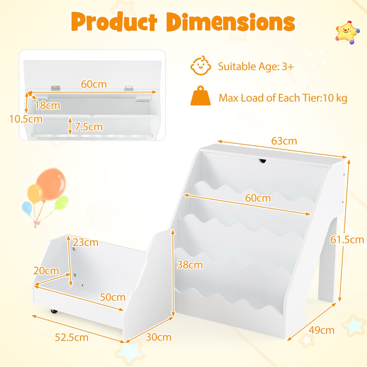 LIVSK Montessori Kinderkast - Opklapbaar Vak - 4 Planken - Uittrekbare Lade - Kindvriendelijke Hoogte - Naturel/Wit