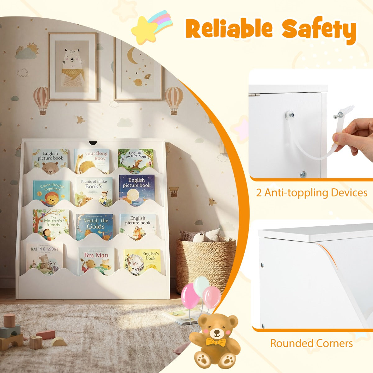 LIVSK Montessori Kinderkast - Opklapbaar Vak - 4 Planken - Uittrekbare Lade - Kindvriendelijke Hoogte - Naturel/Wit