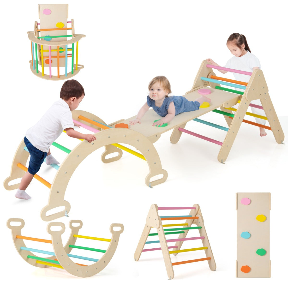 LIVSK Montessori-Klimset - Beukenhout - Klimdriehoek, Klimboog, Hellingbaan - Veilig en Duurzaam - Voor Peuters - Naturel
