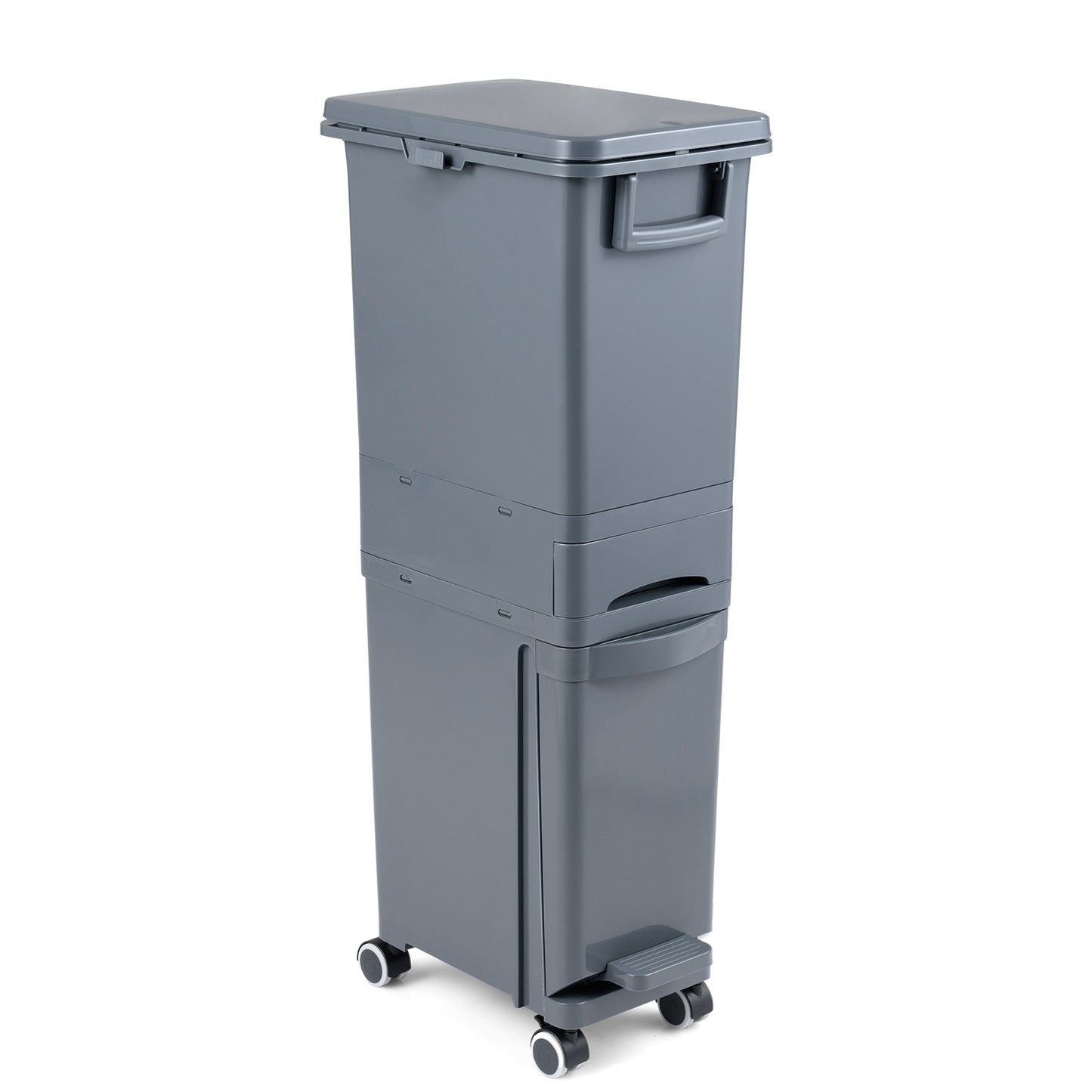 LIVSK Multifunctionele Afvalbak - 3 Compartimenten - Ergonomisch Ontwerp - 4 Wielen - PP Materiaal - Grijs