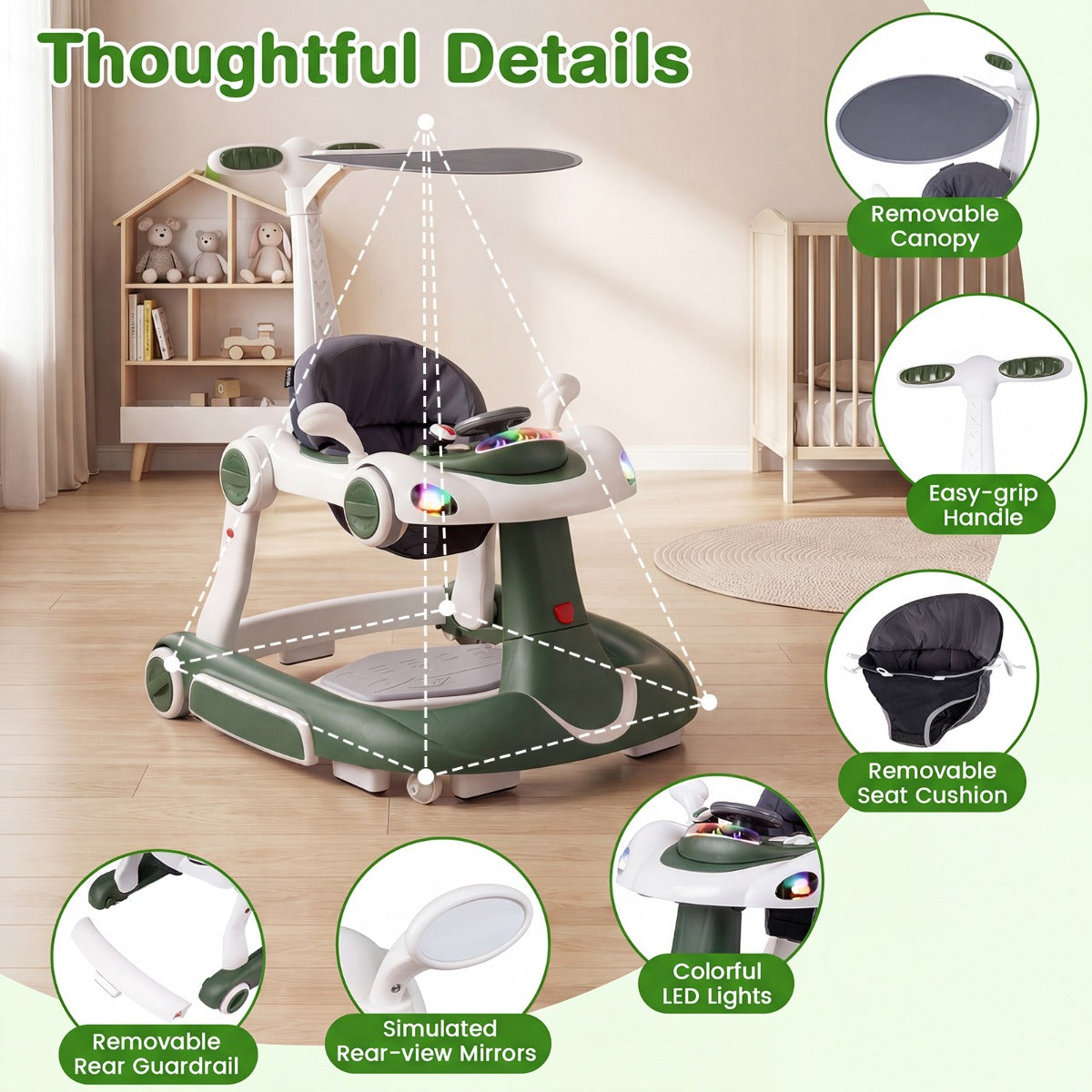 LIVSK Multifunctionele Babywalker - 7-in-1 Ontwerp - Verstelbare Hoogte en Snelheid - Veilig en Interactief - Zwart+Rood