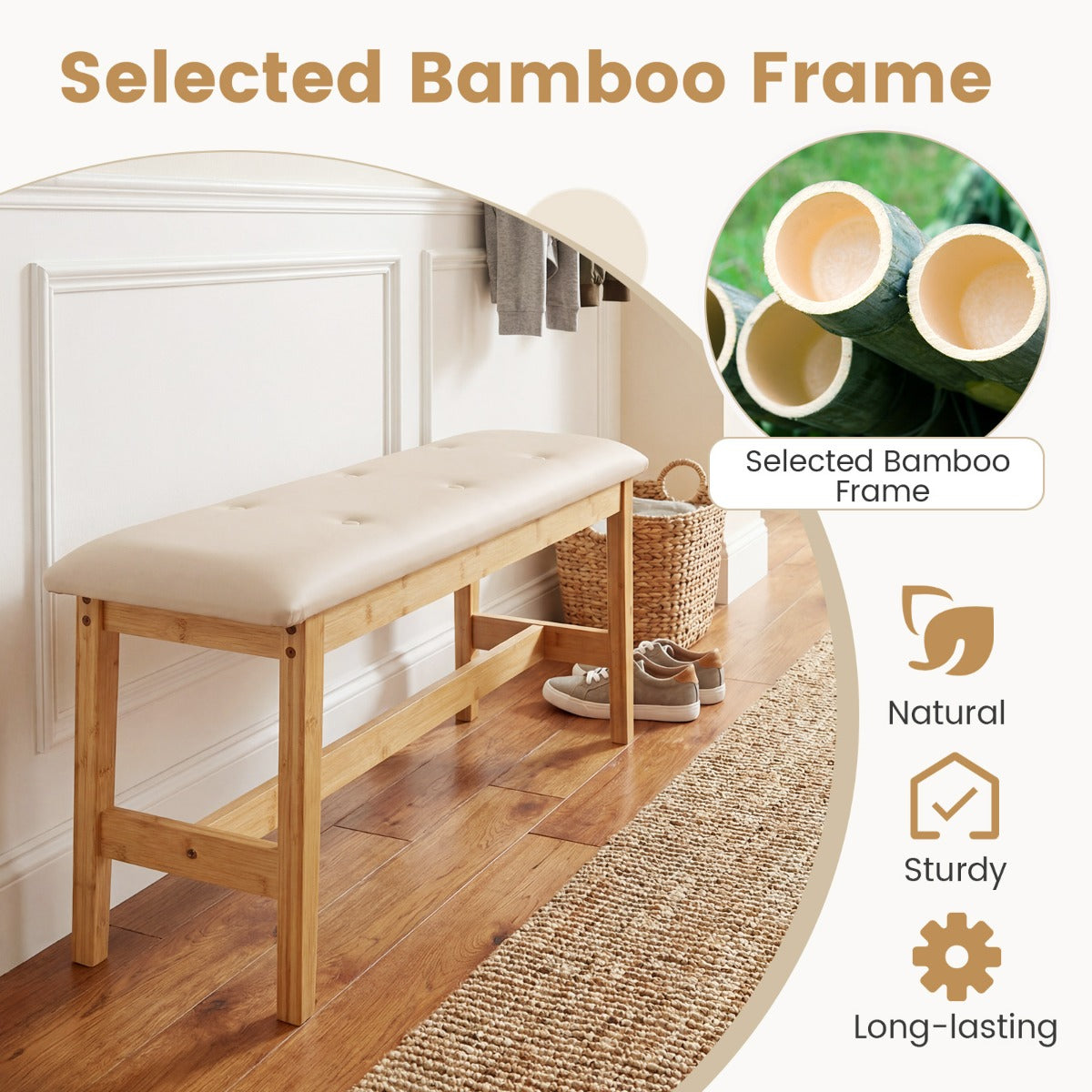 LIVSK Multifunctionele Bank - Onderhoudsvriendelijk Kunstleer - Bamboe Frame - Draagvermogen 200 kg - Beige + Naturel