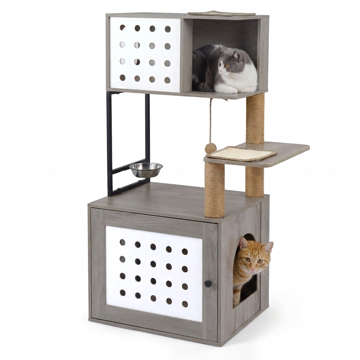 LIVSK Multifunctionele Kattenkast - Verborgen Kattenbak - Krabmatten & Sisalstammen - Veilig Houten Ontwerp - Grijs