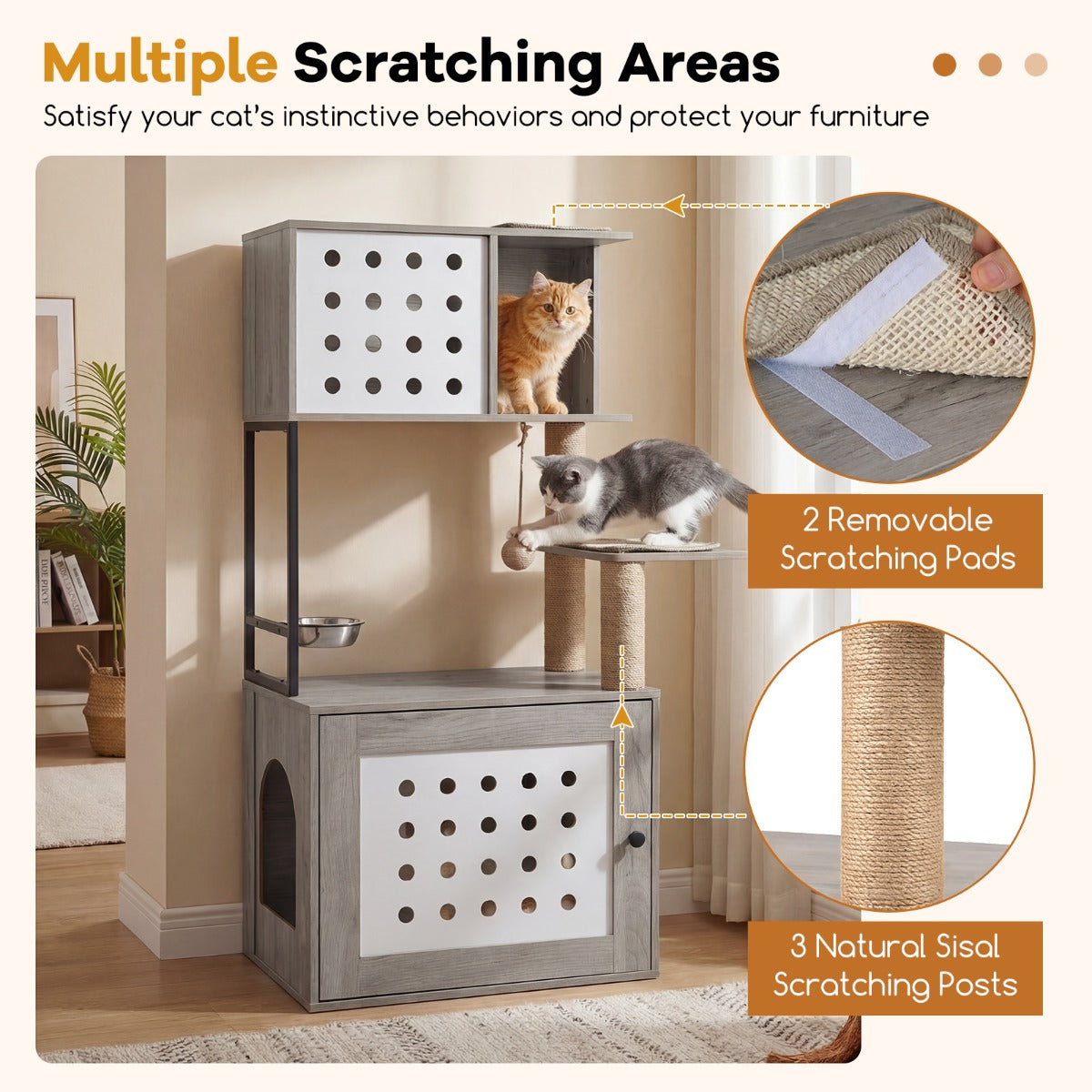 LIVSK Multifunctionele Kattenkast - Verborgen Kattenbak - Krabmatten & Sisalstammen - Veilig Houten Ontwerp - Grijs