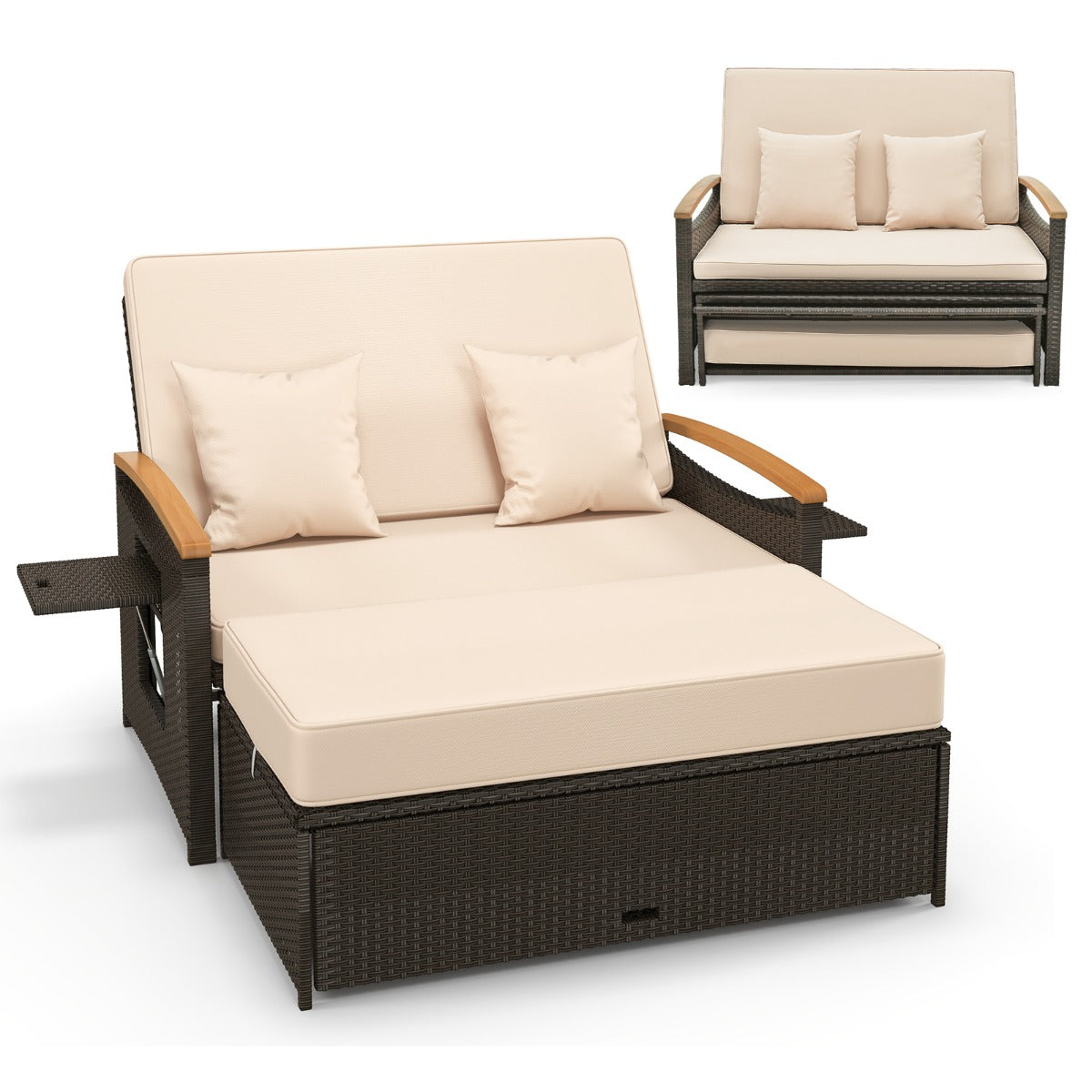 LIVSK Multifunctionele Set Buitenmeubilair - Loveseat, Dagbed, Koffietafel - Verstelbare Rugleuning - PE Rotan - Gemengd Bruin