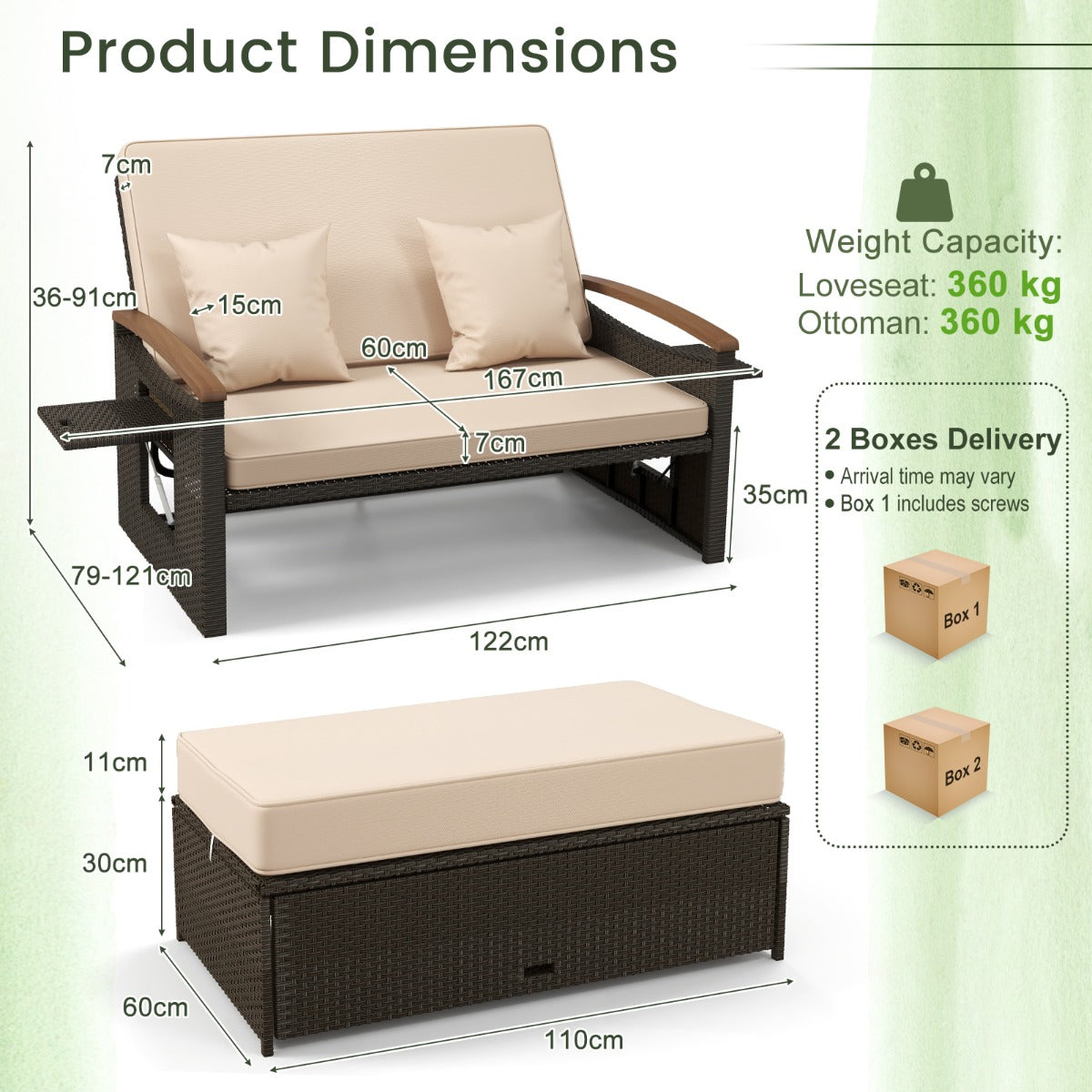 LIVSK Multifunctionele Set Buitenmeubilair - Loveseat, Dagbed, Koffietafel - Verstelbare Rugleuning - PE Rotan - Gemengd Bruin