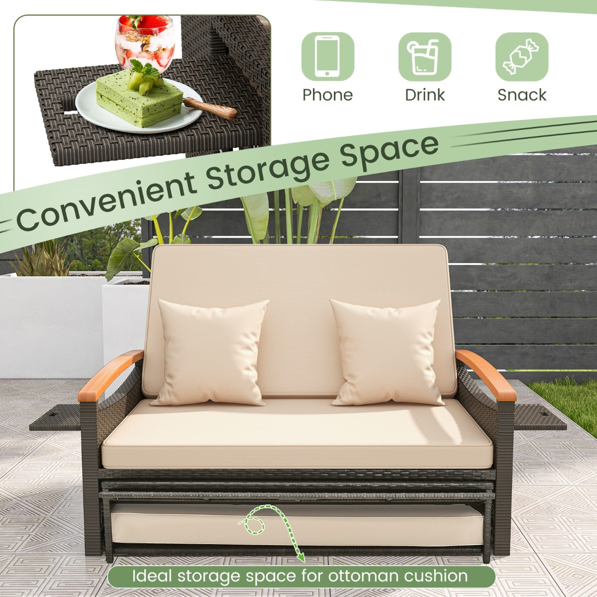 LIVSK Multifunctionele Set Buitenmeubilair - Loveseat, Dagbed, Koffietafel - Verstelbare Rugleuning - PE Rotan - Gemengd Bruin