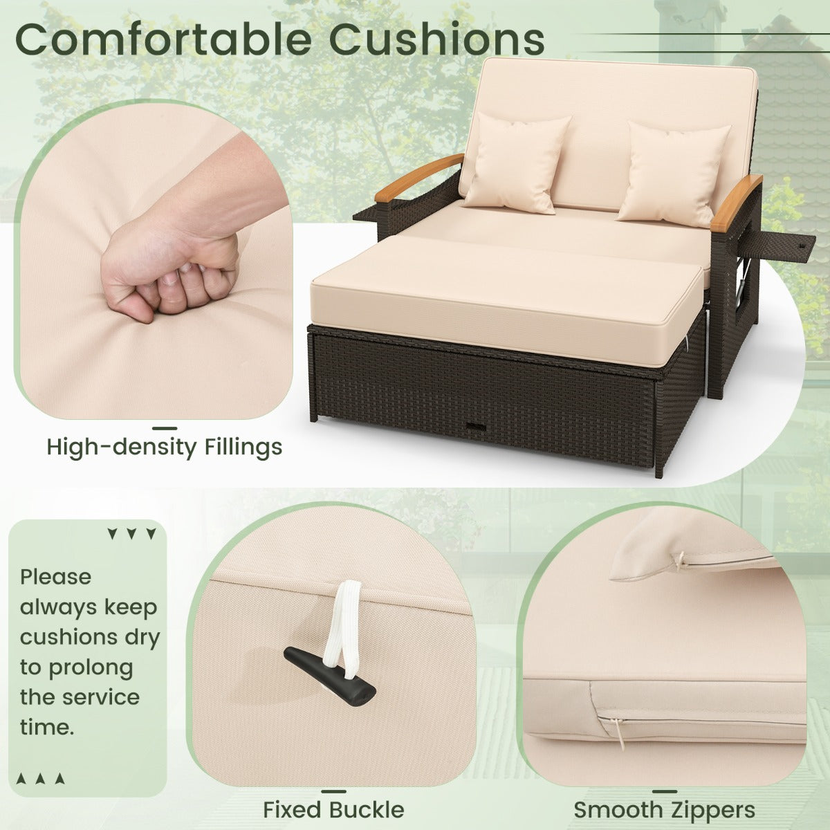 LIVSK Multifunctionele Set Buitenmeubilair - Loveseat, Dagbed, Koffietafel - Verstelbare Rugleuning - PE Rotan - Gemengd Bruin