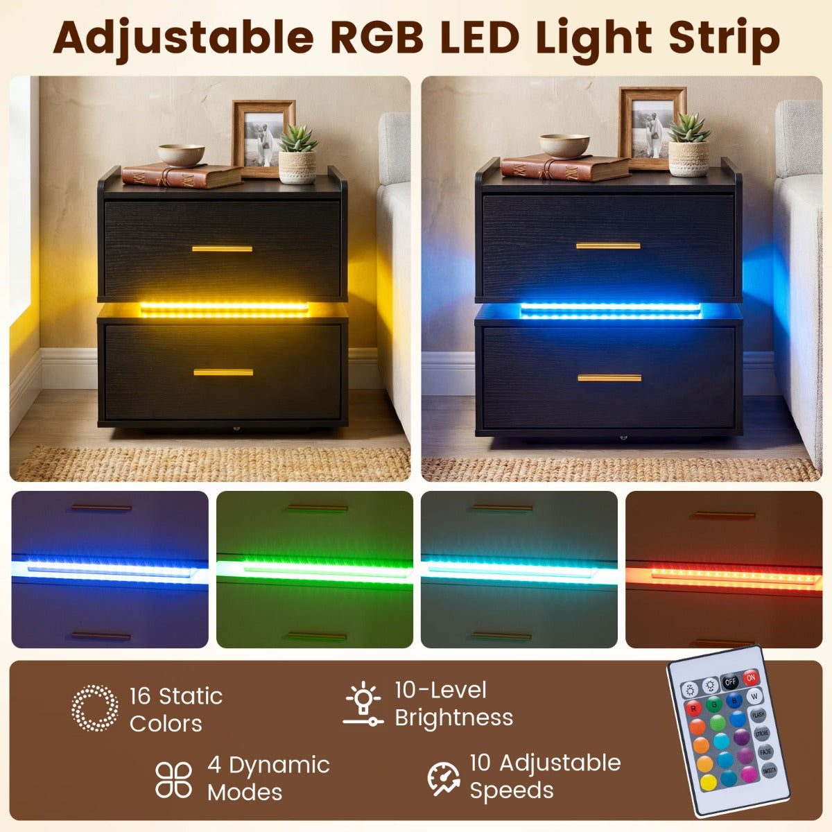 LIVSK Nachtkastje met LED-verlichting - Geïntegreerd Oplaadstation - 16 Kleuren - 2 Lades - Zwart/Wit
