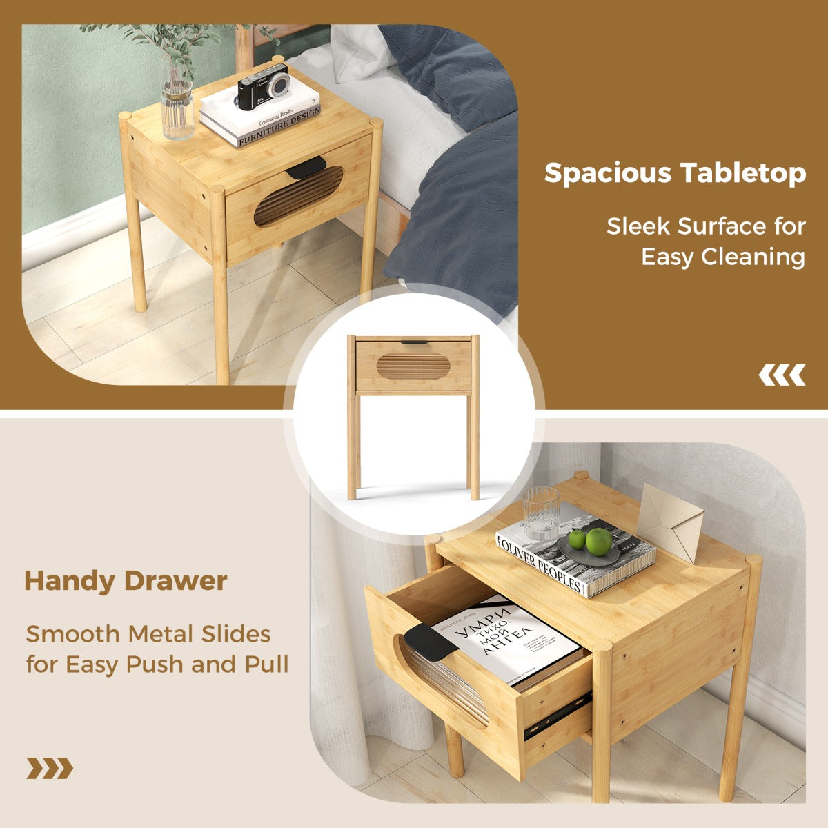 LIVSK Nachtkastje Set van 2 - 100% Natuurlijk Bamboe - Royale Tafelblad - Elegante Lade met Glas - Naturel