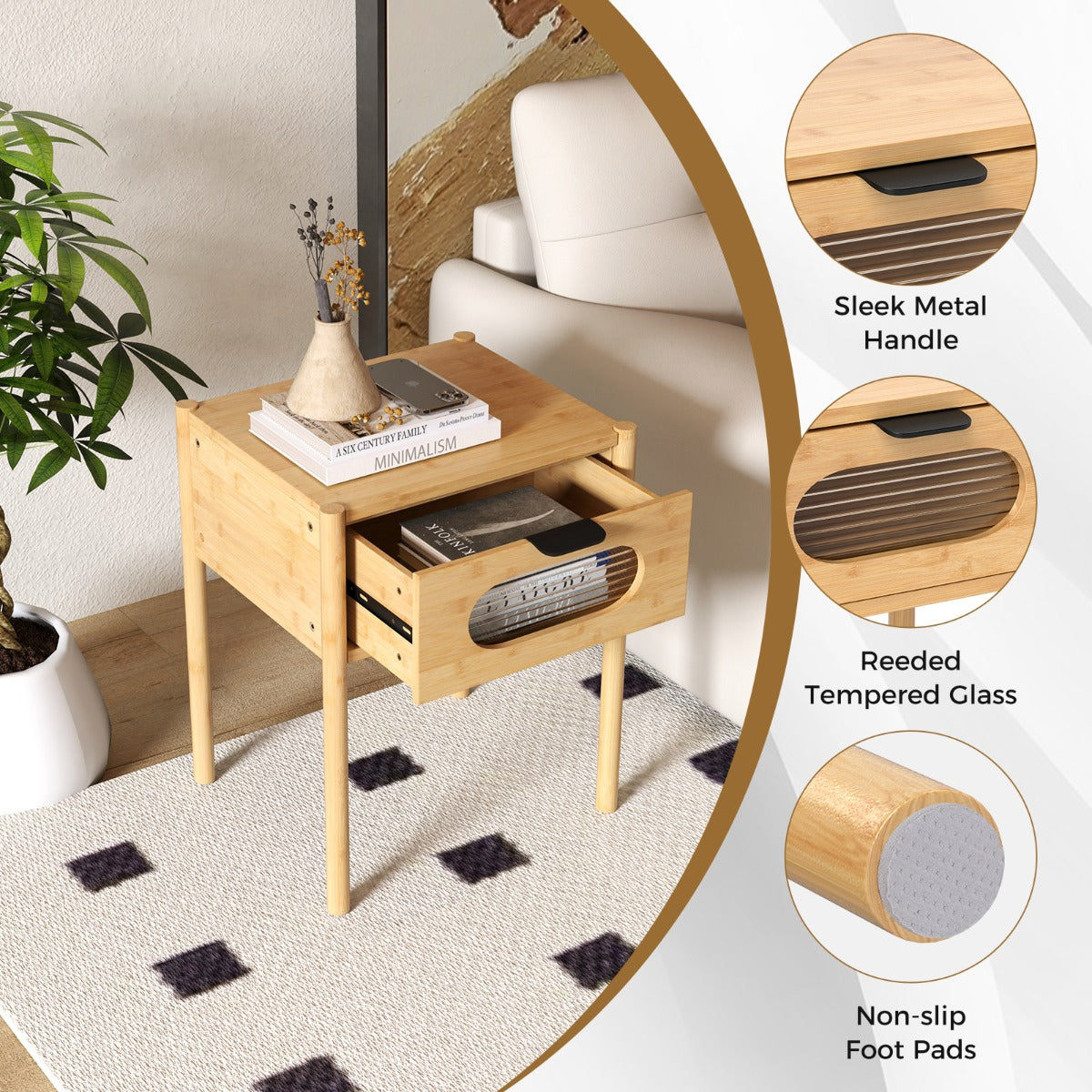 LIVSK Nachtkastje Set van 2 - 100% Natuurlijk Bamboe - Royale Tafelblad - Elegante Lade met Glas - Naturel