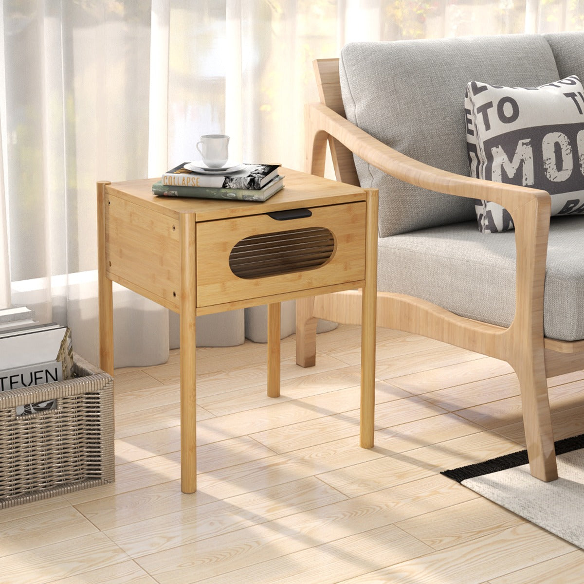 LIVSK Nachtkastje Set van 2 - 100% Natuurlijk Bamboe - Royale Tafelblad - Elegante Lade met Glas - Naturel