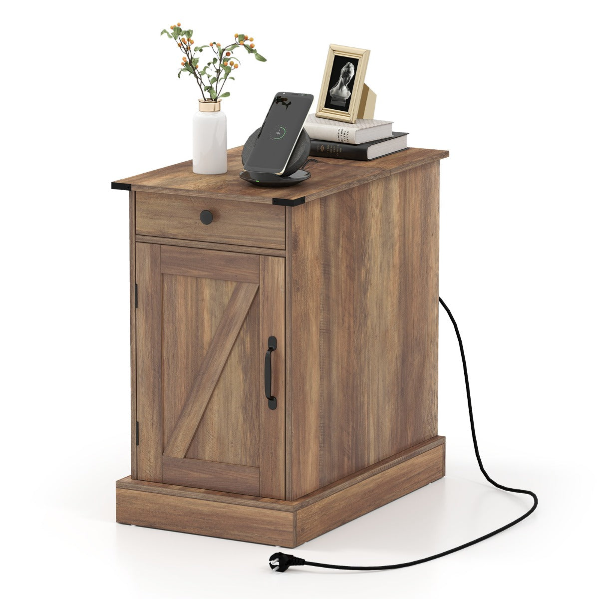 LIVSK Neerklapbare Bijzettafel met Oplaadstation - Lade met Dienblad - Verstelbare Kast - 35 x 60 x 62 cm - Rustiek