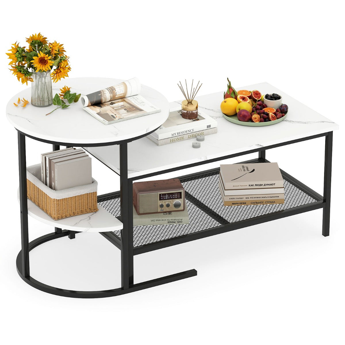 LIVSK Nestbare Salontafels - Rechthoekige en Ronde Tafel - Imitatiemarmer Blad - Stabiele Metalen Frames - Wit en Goud/Bruin en