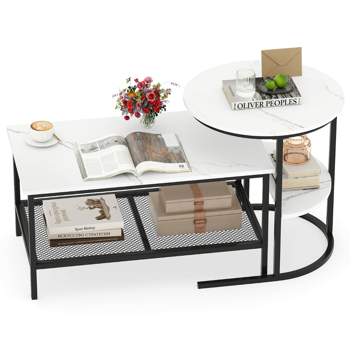 LIVSK Nestbare Salontafels - Rechthoekige en Ronde Tafel - Imitatiemarmer Blad - Stabiele Metalen Frames - Wit en Goud/Bruin en