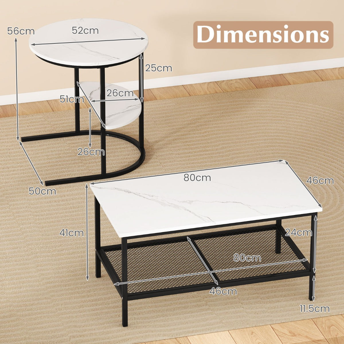 LIVSK Nestbare Salontafels - Rechthoekige en Ronde Tafel - Imitatiemarmer - Metalen Frame - Wit en Goud/Bruin en Zwart