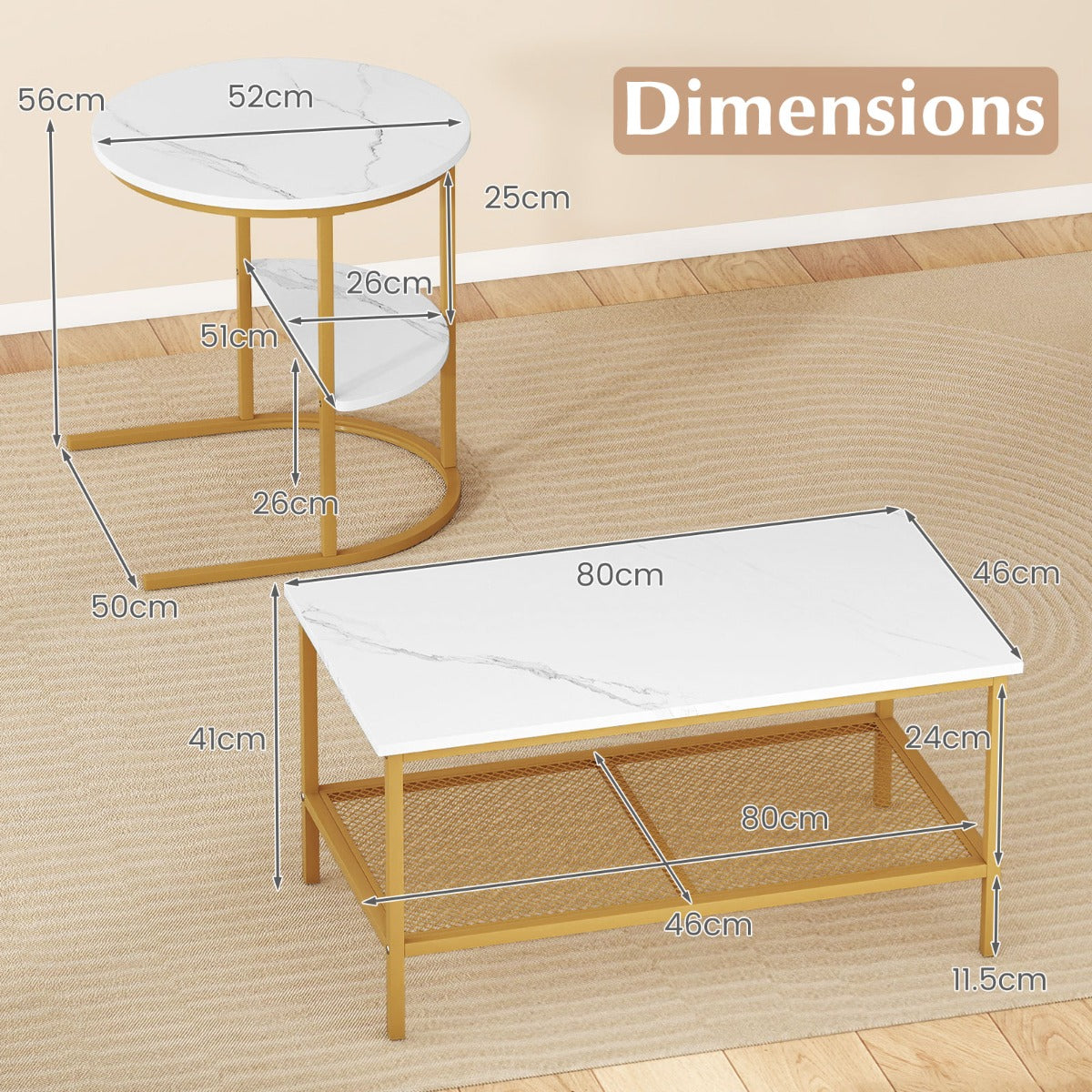 LIVSK Nestbare Salontafels - Rechthoekige en Ronde Tafel - Imitatiemarmer - Metalen Frame - Wit+Goud/Bruin+Zwart/Wit+Zwart