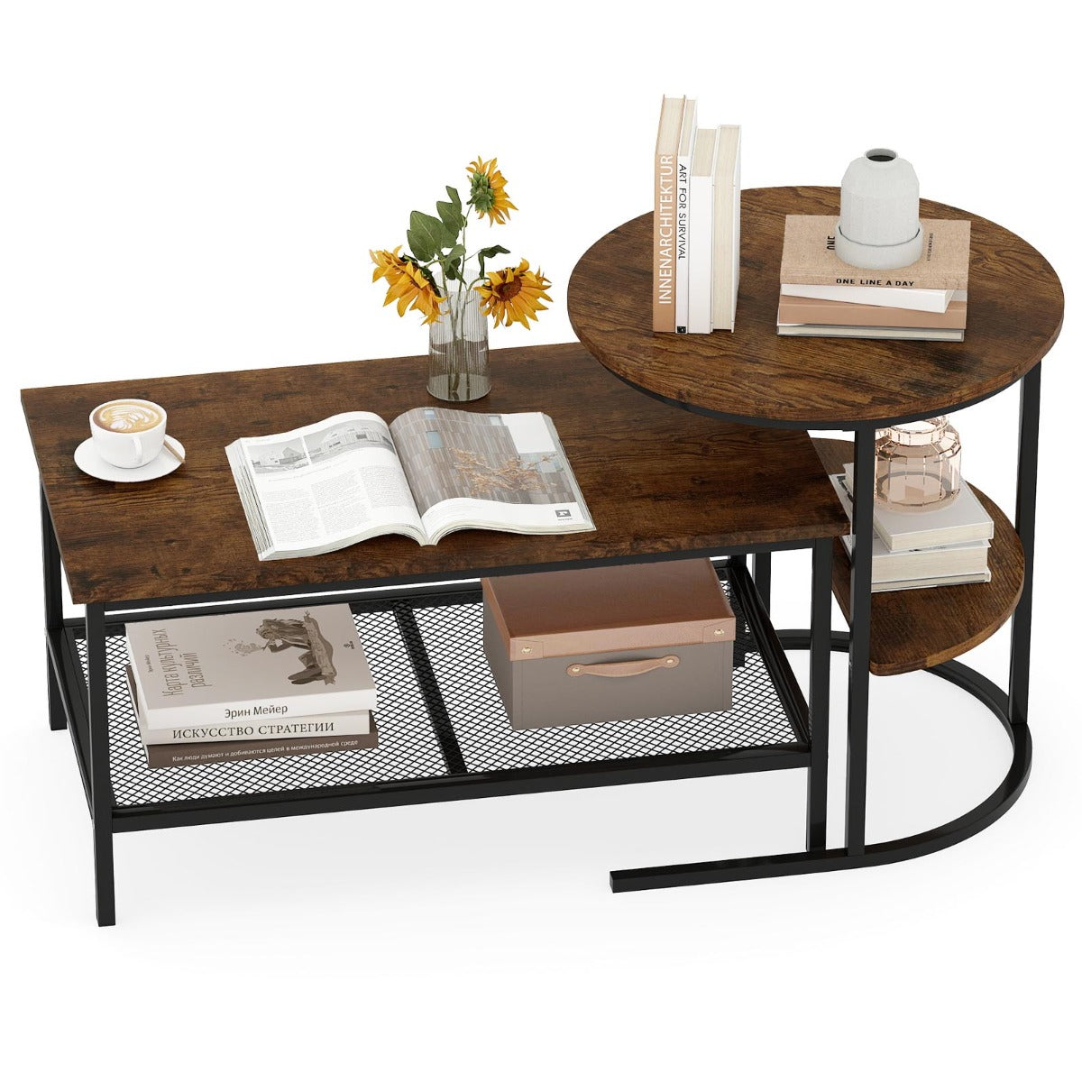LIVSK Nestbare Salontafels - Set van 2 - Imitatiemarmer - Duurzaam Metaal - Flexibele Indeling - Wit+Goud/Bruin+Zwart/Wit+Zwart