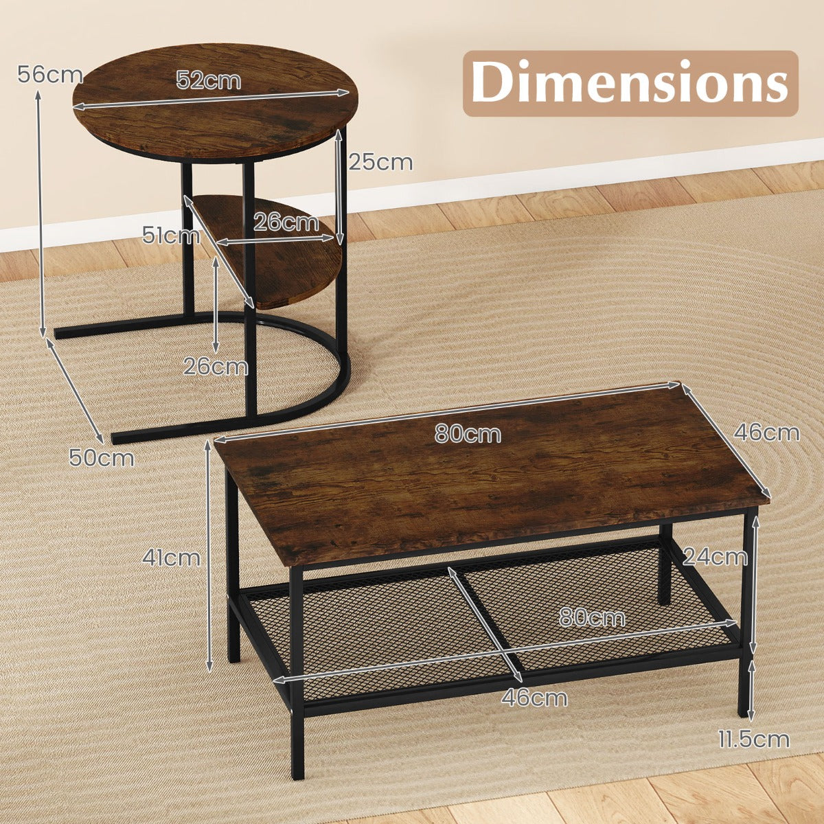 LIVSK Nestbare Salontafels - Set van 2 - Imitatiemarmer - Duurzaam Metaal - Flexibele Indeling - Wit+Goud/Bruin+Zwart/Wit+Zwart