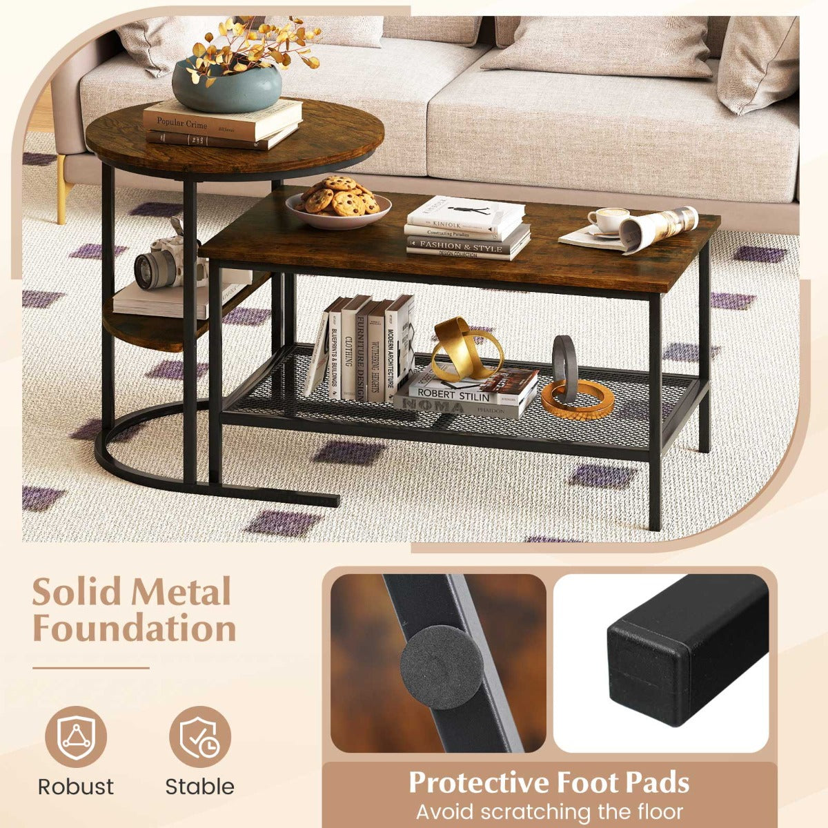 LIVSK Nestbare Salontafels - Set van 2 - Imitatiemarmer - Duurzaam Metaal - Flexibele Indeling - Wit+Goud/Bruin+Zwart/Wit+Zwart