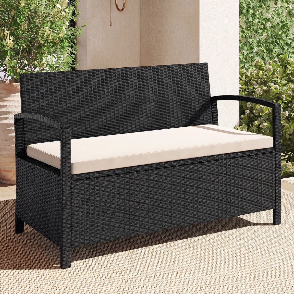 LIVSK Opbergbank voor Twee Personen - 160 Liter Opbergruimte - PE-Rotan - Hoog Comfort - Zwart + Beige