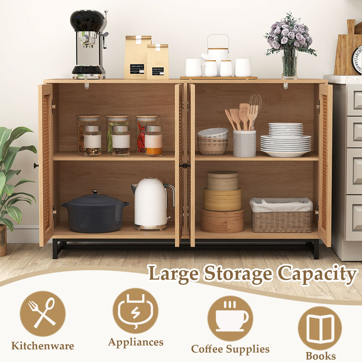 LIVSK Opbergkast - Verstelbare Planken - Robuuste Constructie - Ergonomische Handgrepen - 126 x 40 x 81 cm - Naturel