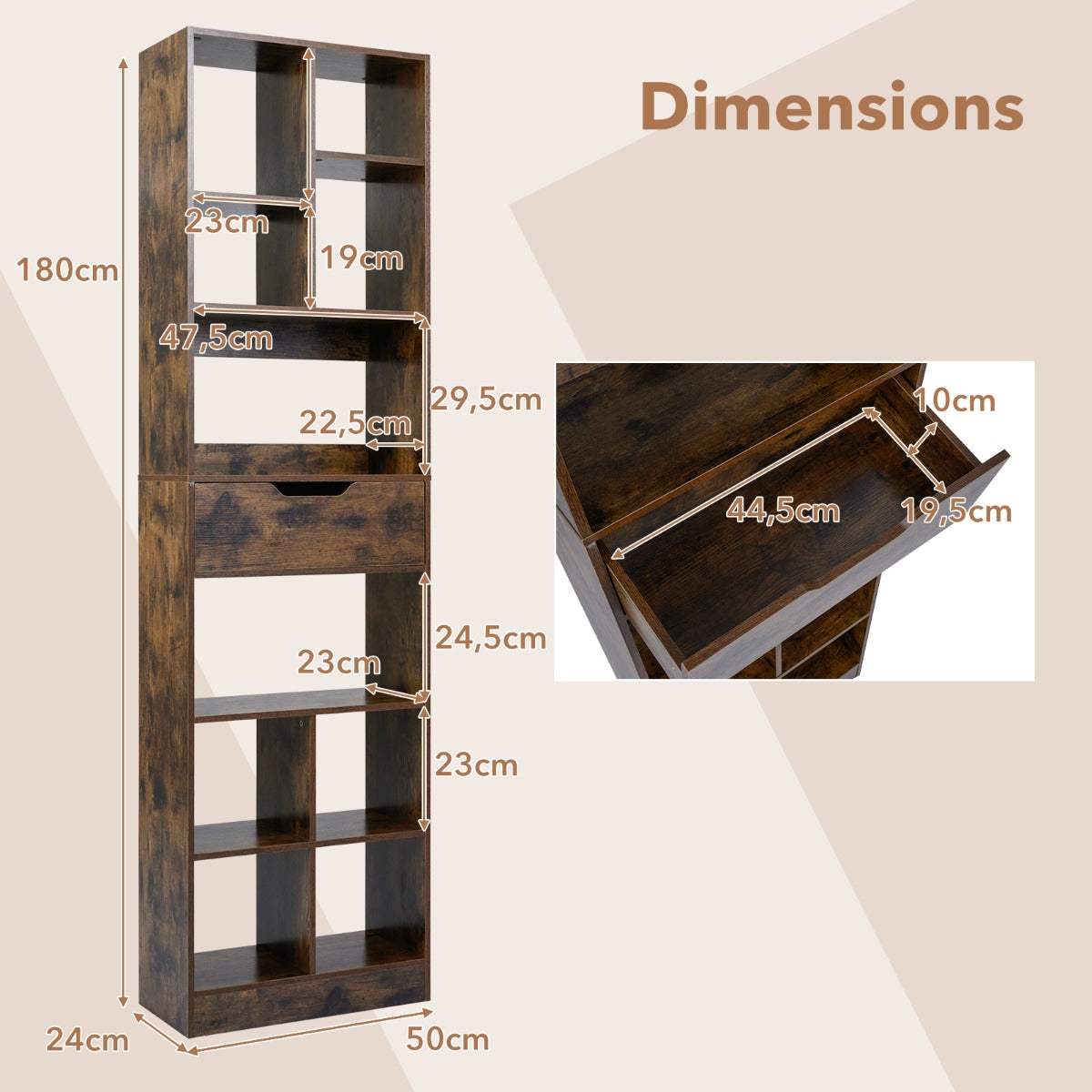 LIVSK Opbergrek - 10 Open Vakken - Ruime Lade - Antislipkussentjes - Kantelbeveiligingen - Rustiek Bruin